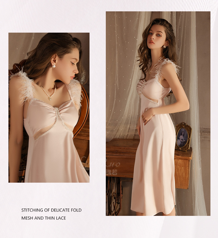 Satin Slip Dress with Pearl and Feather